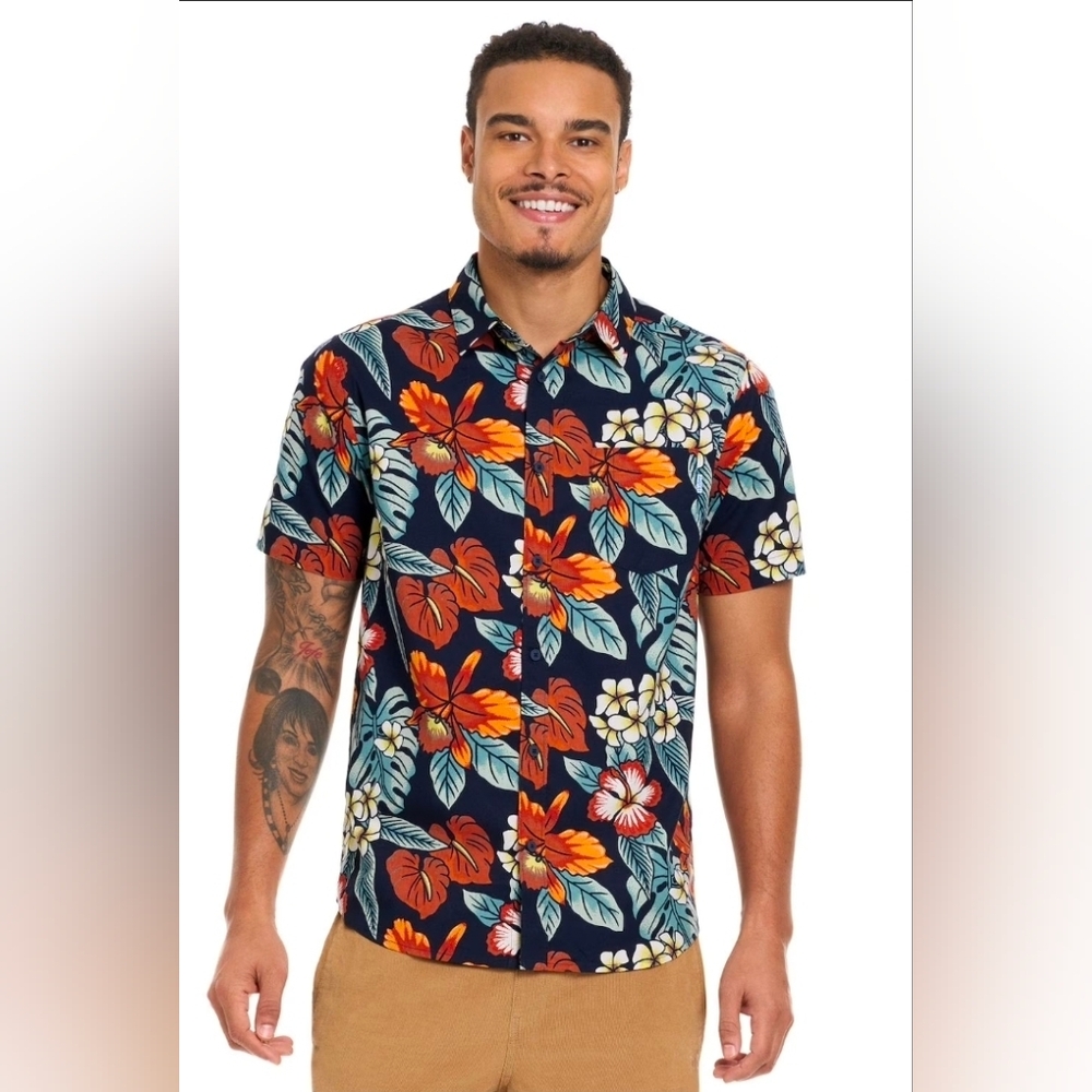 Hurley Men's Floral Button Down Shirt - Navy and Red